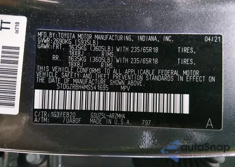 2021 Toyota Highlander Xle из США, поврежденный, VIN 5TDGZRBH4MS541695